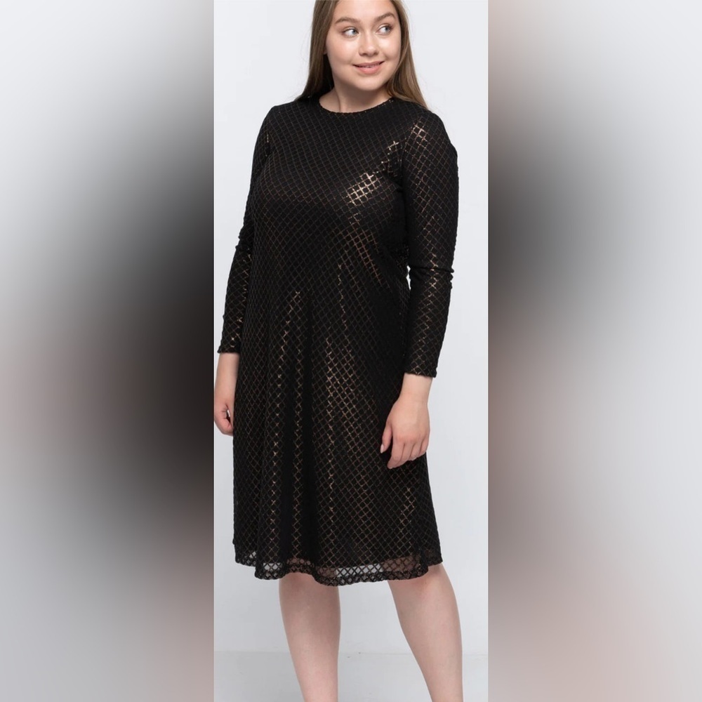 KMW Black Silver Diamond Shimmer Modest Midi Dress Size Large